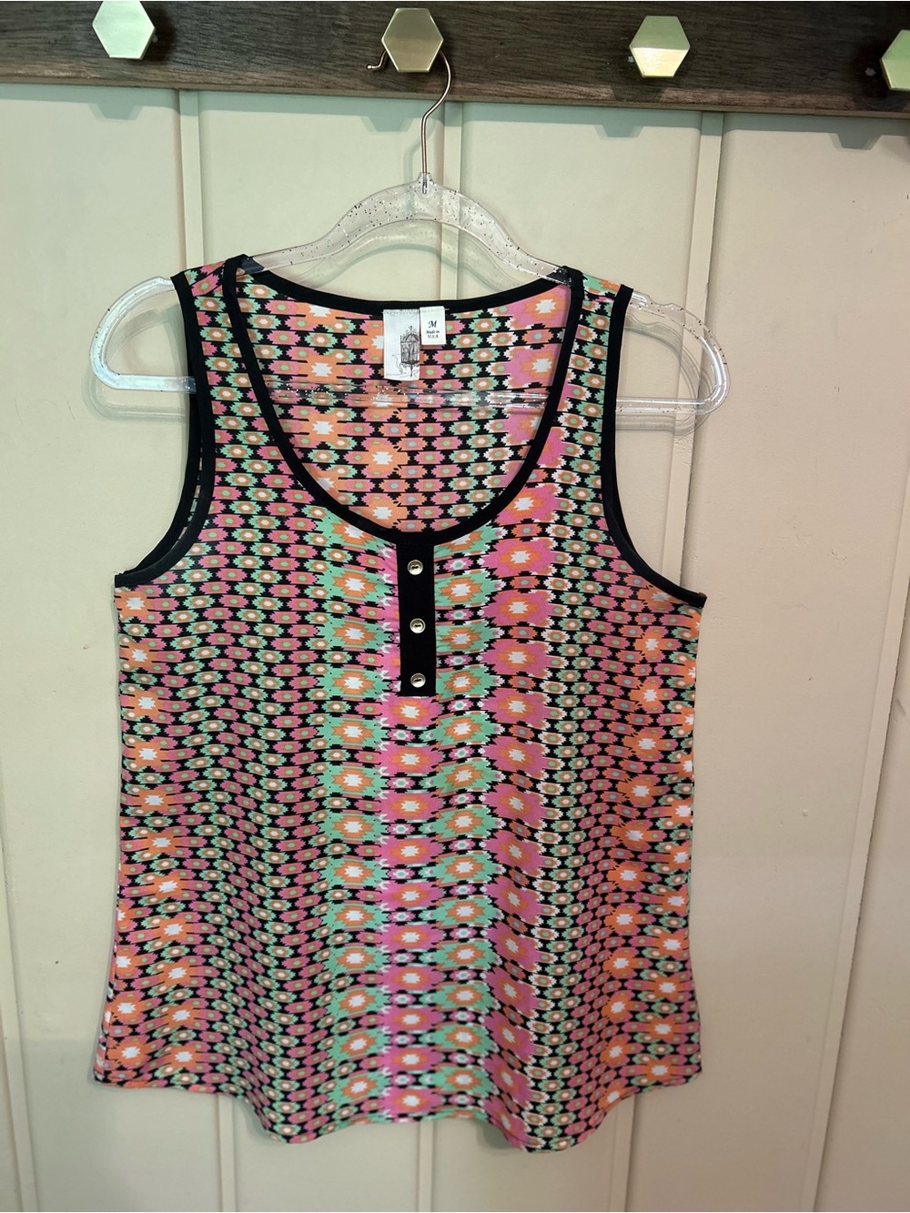 Francesca’s Birdcage Sleeveless Floral Geo Print Tank Top - Black Trim